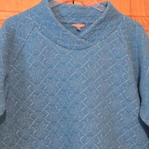 Talbots Quilted Top Glitter Snowflake Pullover Blue Silver Petites Large